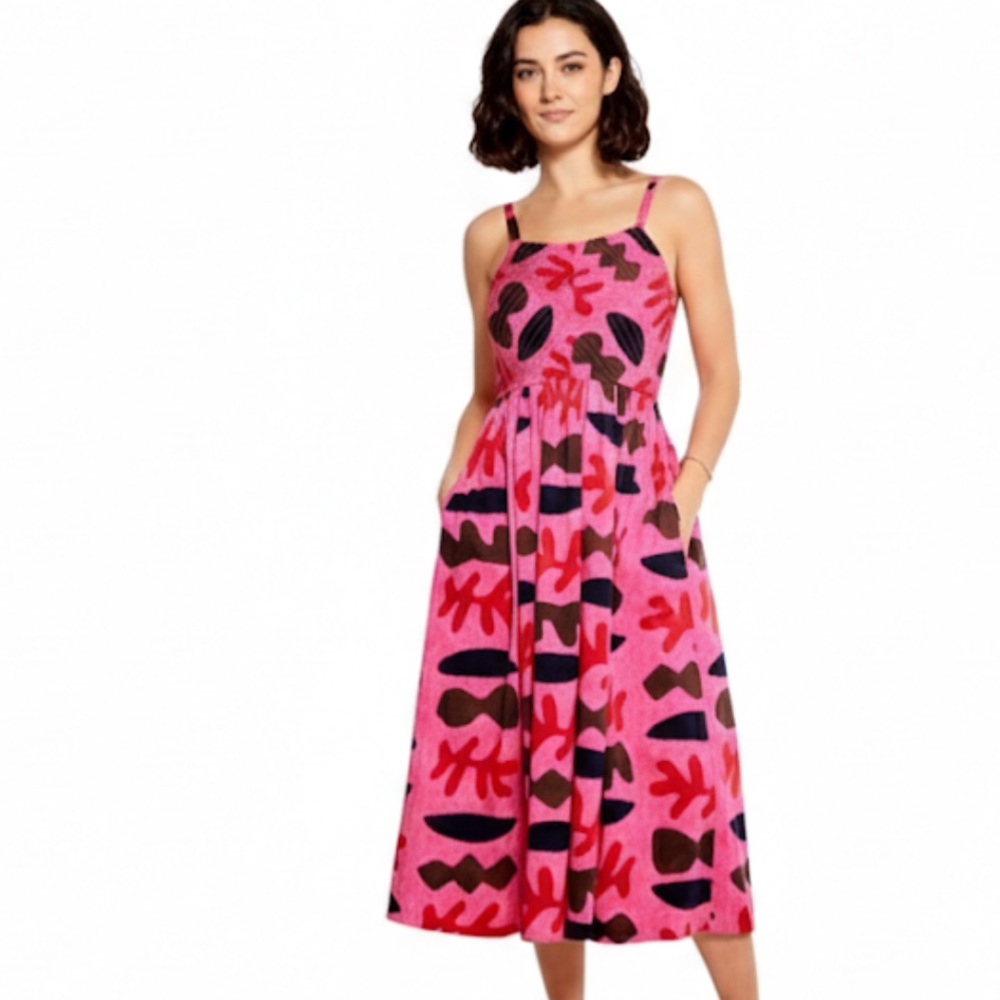 NIC+ZOE Pink Cotton Abstract Smocked Maxi dress with side pockets Size Small